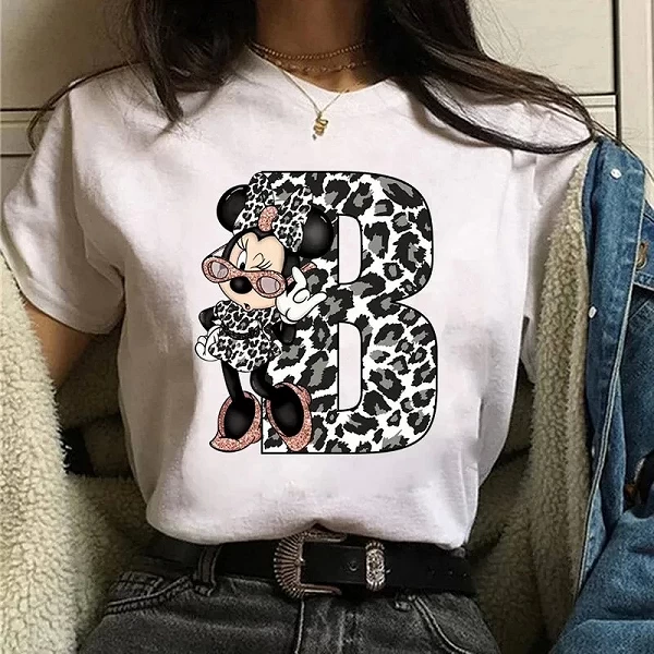 T-shirt décontracté imprimé Disney Minnie pour femme, haut en coton blanc, 26 lettres BLOFont A B C D E O, mode|8,00 €|OKKO MODE