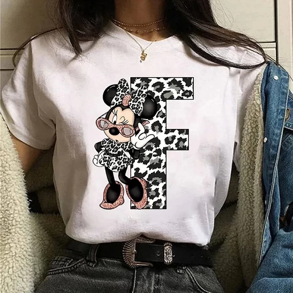 T-shirt décontracté imprimé Disney Minnie pour femme, haut en coton blanc, 26 lettres BLOFont A B C D E O, mode|8,00 €|OKKO MODE