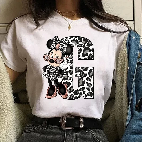 T-shirt décontracté imprimé Disney Minnie pour femme, haut en coton blanc, 26 lettres BLOFont A B C D E O, mode|8,00 €|OKKO MODE