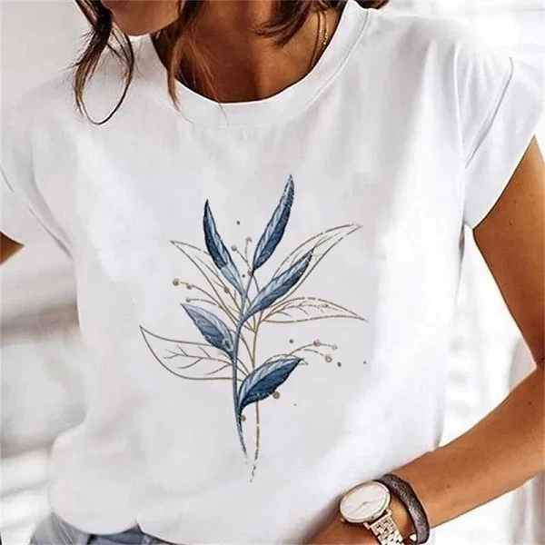 Chemisier à motif de fleurs pour femmes, chemise décontractée à la mode, t-shirt d'été à manches courtes, t-shirt blanc de dessi|7,94 €|OKKO MODE