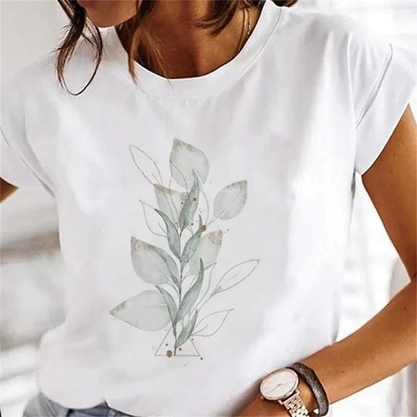 Chemisier à motif de fleurs pour femmes, chemise décontractée à la mode, t-shirt d'été à manches courtes, t-shirt blanc de dessi|7,94 €|OKKO MODE