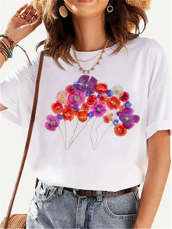 Maycaur-T-shirt manches courtes femme, décontracté et à la mode, avec imprimé graphique floral, Harajuku|7,00 €|OKKO MODE