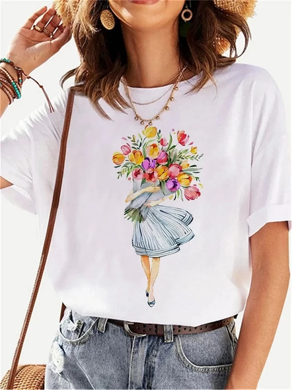 Maycaur-T-shirt manches courtes femme, décontracté et à la mode, avec imprimé graphique floral, Harajuku|7,00 €|OKKO MODE