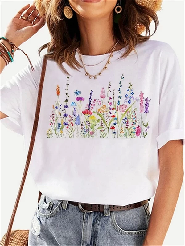 Maycaur-T-shirt manches courtes femme, décontracté et à la mode, avec imprimé graphique floral, Harajuku|7,00 €|OKKO MODE