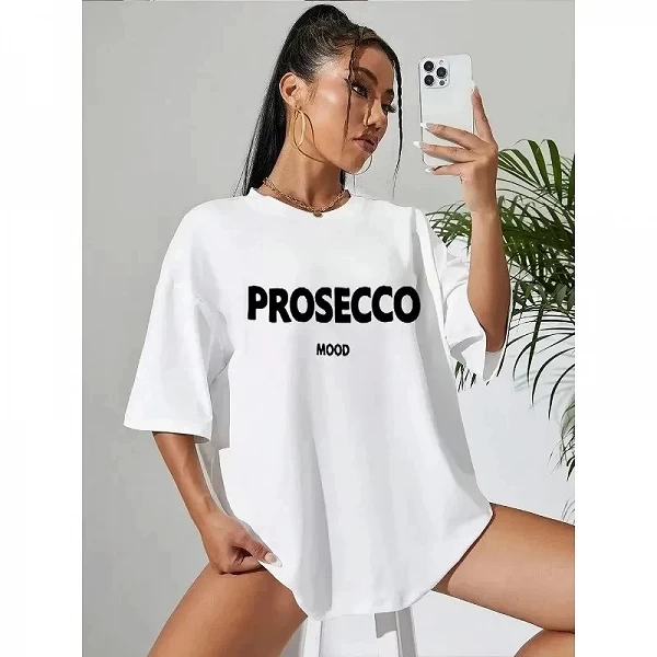 Camiseta de algodón con estampado de letras para mujer - Talla grande, elegante y moderna