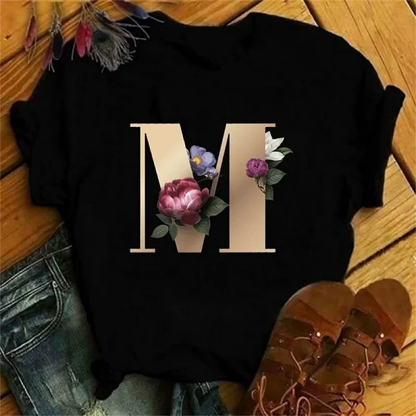 Maycaur-T-shirt à Manches Courtes pour Femme, Vêtement Personnalisé avec Lettres de Nom, Motif Floral, A B C D E F G|7,00 €|OKKO MODE