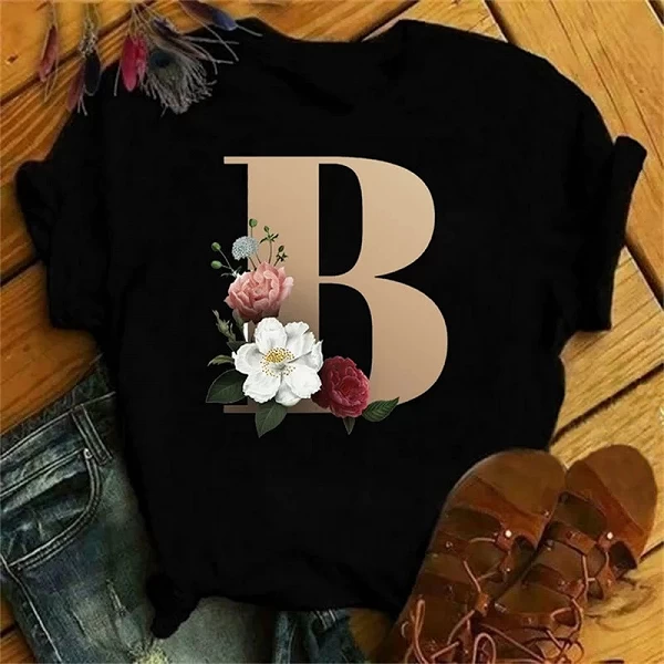 Maycaur-T-shirt à Manches Courtes pour Femme, Vêtement Personnalisé avec Lettres de Nom, Motif Floral, A B C D E F G|7,00 €|OKKO MODE