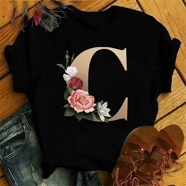 Maycaur-T-shirt à Manches Courtes pour Femme, Vêtement Personnalisé avec Lettres de Nom, Motif Floral, A B C D E F G|7,00 €|OKKO MODE