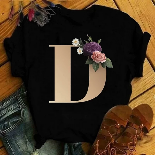 Maycaur-T-shirt à Manches Courtes pour Femme, Vêtement Personnalisé avec Lettres de Nom, Motif Floral, A B C D E F G|7,00 €|OKKO MODE