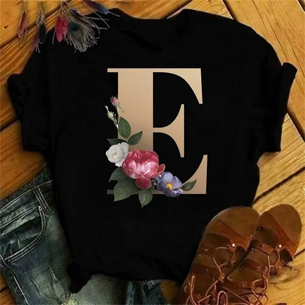 Maycaur-T-shirt à Manches Courtes pour Femme, Vêtement Personnalisé avec Lettres de Nom, Motif Floral, A B C D E F G|7,00 €|OKKO MODE