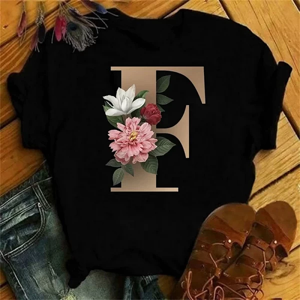 Maycaur-T-shirt à Manches Courtes pour Femme, Vêtement Personnalisé avec Lettres de Nom, Motif Floral, A B C D E F G|7,00 €|OKKO MODE