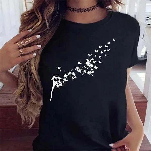 T-shirt imprimé pissenlit pour femme, noir, dessin animé graphique, chemise décontractée pour femme, t-shirts drôles, nouveau|7,00 €|OKKO MODE