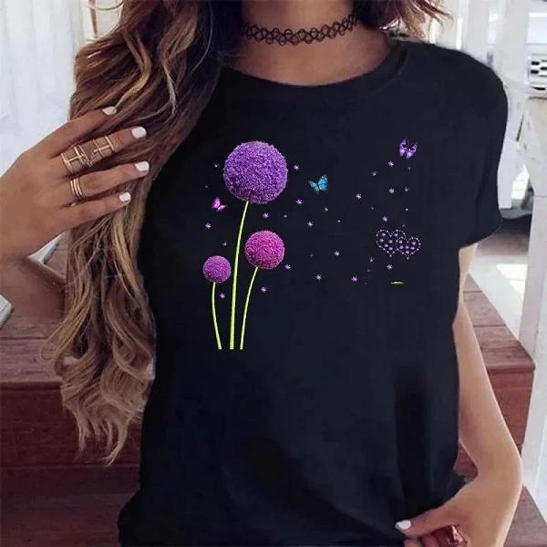 T-shirt imprimé pissenlit pour femme, noir, dessin animé graphique, chemise décontractée pour femme, t-shirts drôles, nouveau|7,00 €|OKKO MODE