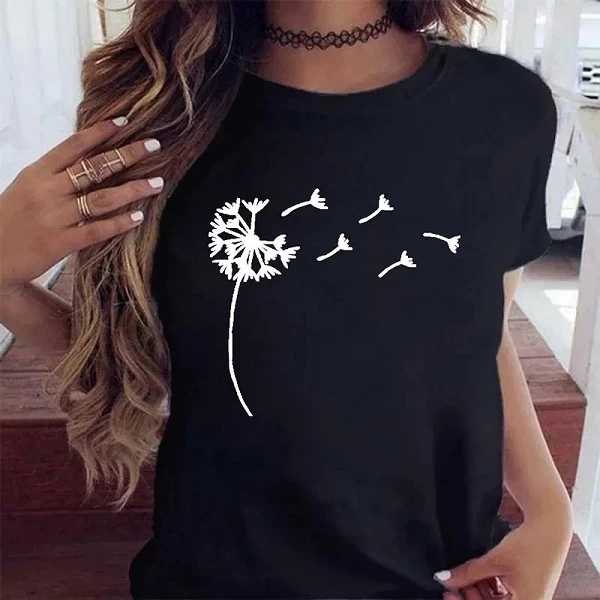 T-shirt imprimé pissenlit pour femme, noir, dessin animé graphique, chemise décontractée pour femme, t-shirts drôles, nouveau|7,00 €|OKKO MODE