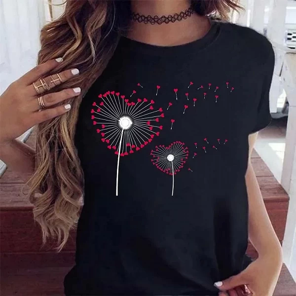 T-shirt imprimé pissenlit pour femme, noir, dessin animé graphique, chemise décontractée pour femme, t-shirts drôles, nouveau|7,00 €|OKKO MODE