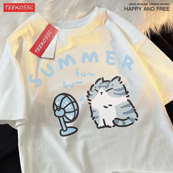 T-shirt à manches courtes pour femme, 100 coton, sèche-cheveux, fan, chat amusant, lait, bleu, chimbrand, imprimé melon al styl|11,00 €|OKKO MODE