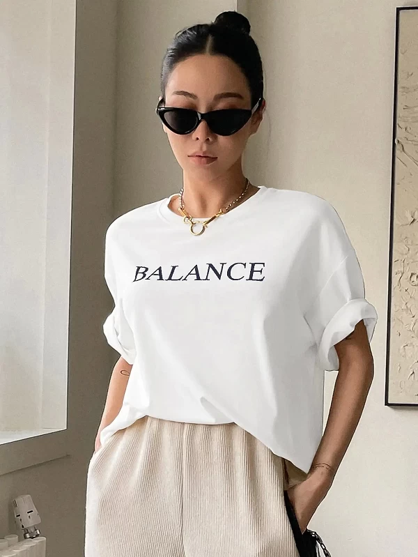 T-shirt manches courtes femme, estival et décontracté, 100 coton, avec lettres imprimées "Balance"|10,06 €|OKKO MODE