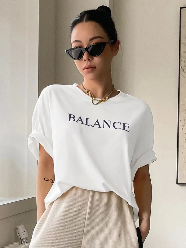 T-shirt manches courtes femme, estival et décontracté, 100 coton, avec lettres imprimées "Balance"|10,06 €|OKKO MODE