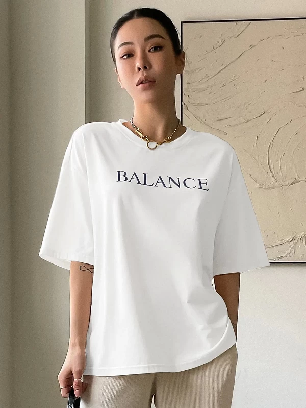 T-shirt manches courtes femme, estival et décontracté, 100 coton, avec lettres imprimées "Balance"|10,06 €|OKKO MODE