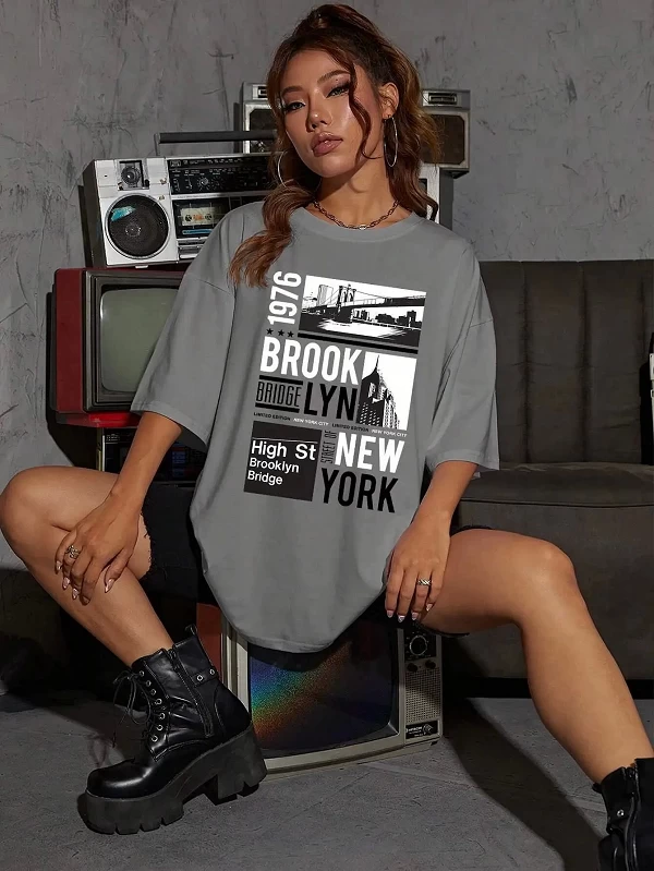 T-Shirt à Manches Courtes pour Femme, Imprimé New York Brooklyn, Créatif, Décontracté, Hip Hop gris|11,00 €|OKKO MODE