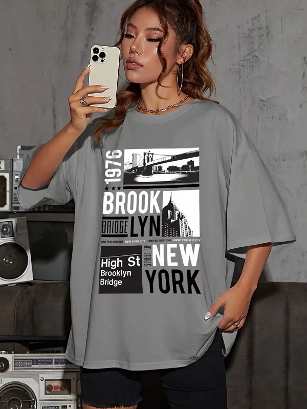 T-Shirt à Manches Courtes pour Femme, Imprimé New York Brooklyn, Créatif, Décontracté, Hip Hop gris|11,00 €|OKKO MODE