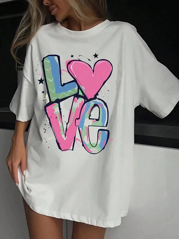 T-shirt manches courtes femme, vêtement en coton, respirant et doux, avec lettres imprimées graffiti et amour|9,00 €|OKKO MODE