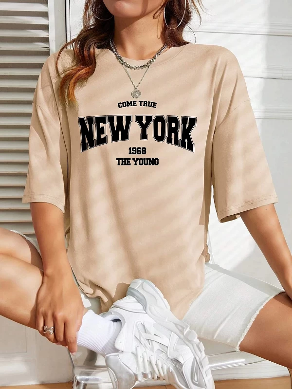 Quand 1968 The New York Is Young Économie en coton pour femmes, Économie surdimensionnés, 03/T, Créativité Strepostershirt Vêtem|10,06 €|OKKO MODE