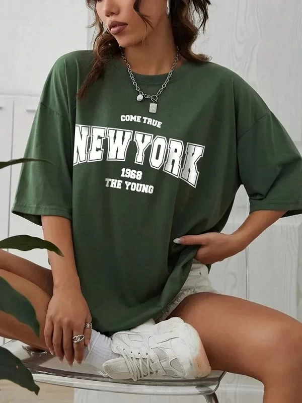 Quand 1968 The New York Is Young Économie en coton pour femmes, Économie surdimensionnés, 03/T, Créativité Strepostershirt Vêtem|10,06 €|OKKO MODE