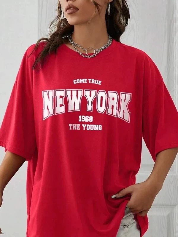 Quand 1968 The New York Is Young Économie en coton pour femmes, Économie surdimensionnés, 03/T, Créativité Strepostershirt Vêtem|10,06 €|OKKO MODE