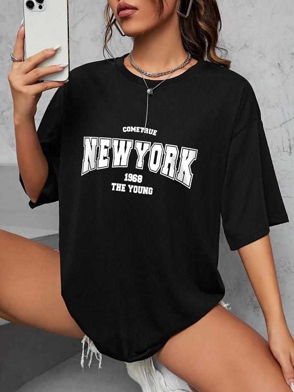 Quand 1968 The New York Is Young Économie en coton pour femmes, Économie surdimensionnés, 03/T, Créativité Strepostershirt Vêtem|10,06 €|OKKO MODE