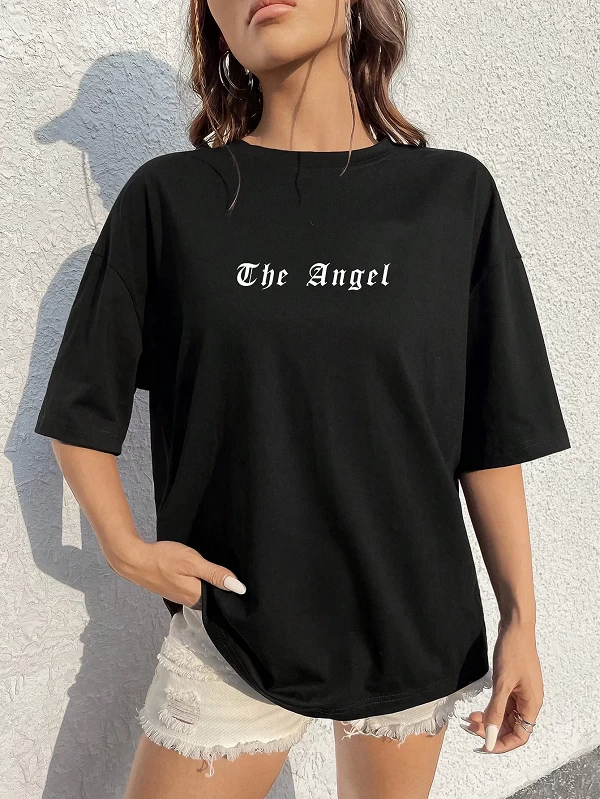 T-Shirt à Manches Courtes en Coton pour Femme, Vêtement de Rue, Hip Hop, Dark Angel Wing, Imprimé Graphique, Offre Spéciale|10,91 €|OKKO MODE