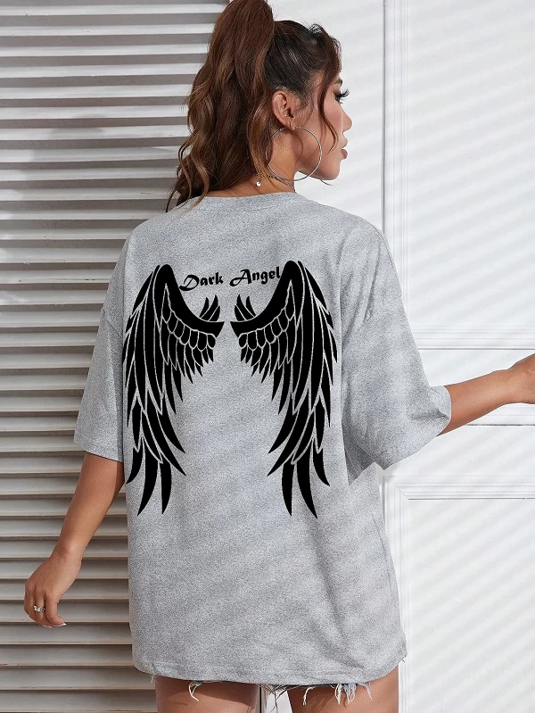 T-Shirt à Manches Courtes en Coton pour Femme, Vêtement de Rue, Hip Hop, Dark Angel Wing, Imprimé Graphique, Offre Spéciale|10,91 €|OKKO MODE