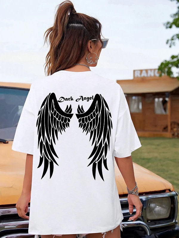 T-Shirt à Manches Courtes en Coton pour Femme, Vêtement de Rue, Hip Hop, Dark Angel Wing, Imprimé Graphique, Offre Spéciale|10,91 €|OKKO MODE