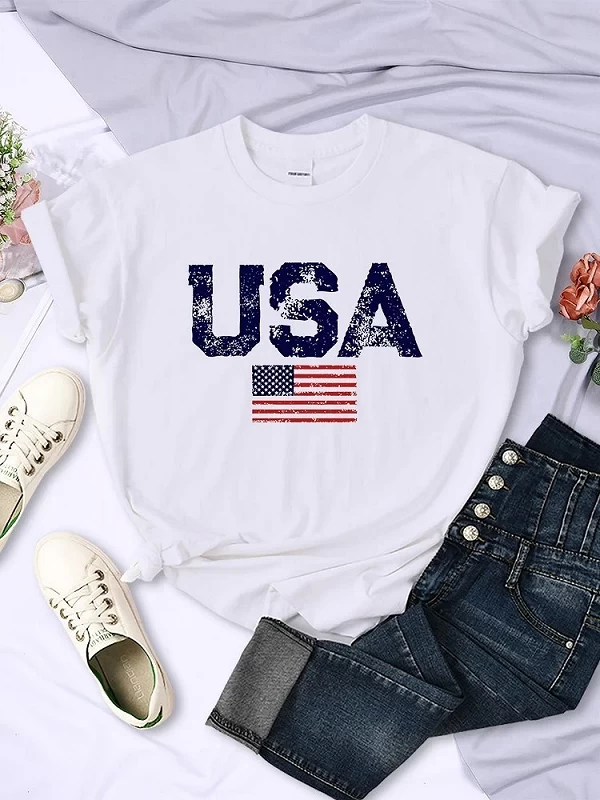 T-shirt imprimé USA Feel Stars and Strihear pour femmes, lettres américaines, t-shirt Hip Hop de rue, vêtements d'été, t-shirt|9,00 €|OKKO MODE