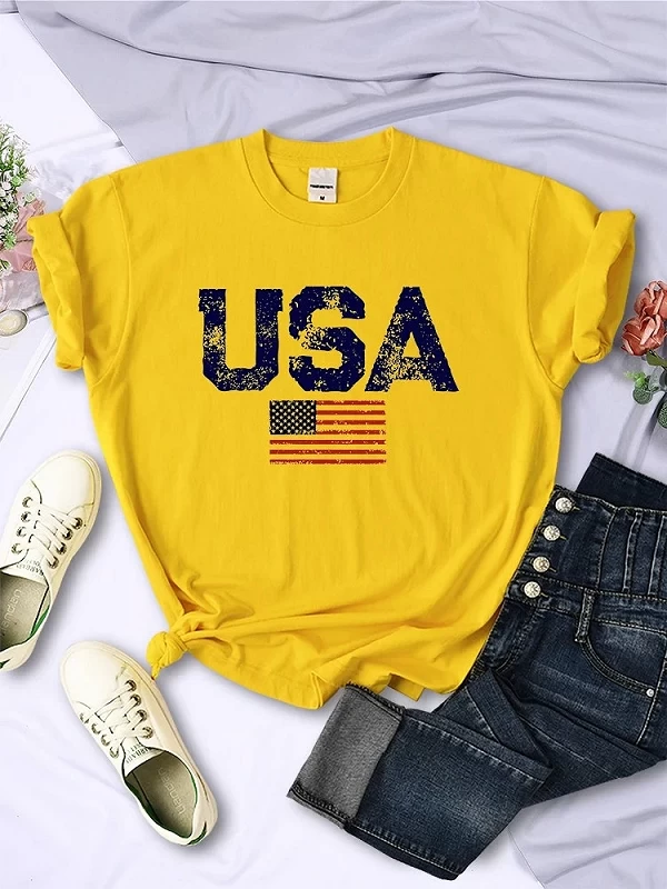 T-shirt imprimé USA Feel Stars and Strihear pour femmes, lettres américaines, t-shirt Hip Hop de rue, vêtements d'été, t-shirt|9,00 €|OKKO MODE