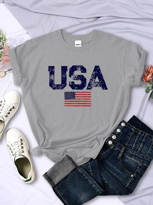 T-shirt imprimé USA Feel Stars and Strihear pour femmes, lettres américaines, t-shirt Hip Hop de rue, vêtements d'été, t-shirt|9,00 €|OKKO MODE