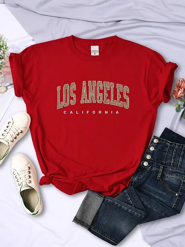 T-shirt imprimé léopard pour femme, Los Angeles, Californie, États-Unis, mode décontractée, manches courtes, été, respirant, dou|8,00 €|OKKO MODE