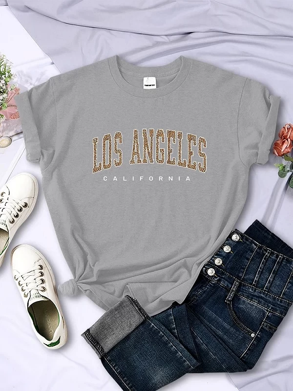 T-shirt imprimé léopard pour femme, Los Angeles, Californie, États-Unis, mode décontractée, manches courtes, été, respirant, dou|8,00 €|OKKO MODE