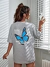 T-shirt manches courtes femme, estival et décontracté, respirant, en coton, avec mot d'art et papillon bleu imprimé, vêtements d|10,91 €|OKKO MODE