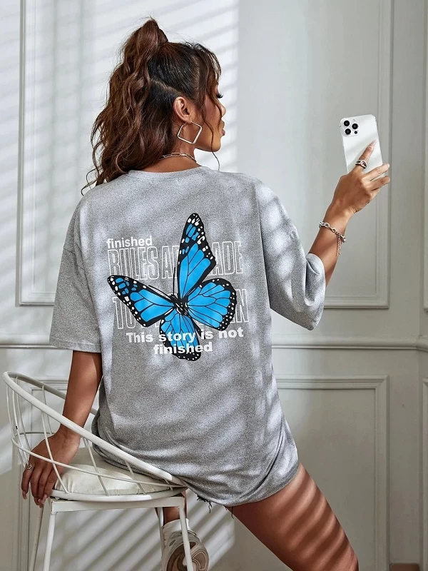 T-shirt manches courtes femme, estival et décontracté, respirant, en coton, avec mot d'art et papillon bleu imprimé, vêtements d|10,91 €|OKKO MODE