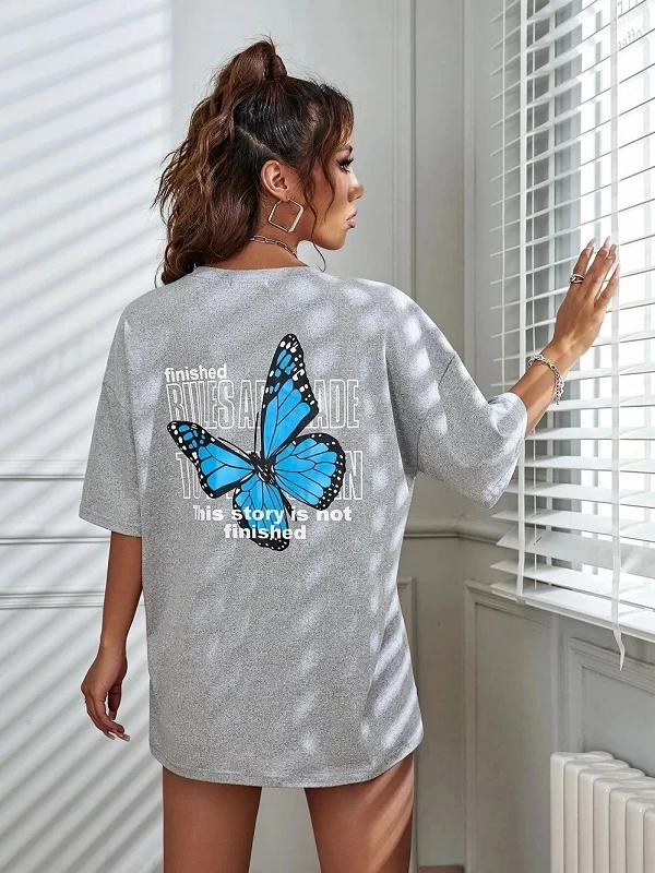 T-shirt manches courtes femme, estival et décontracté, respirant, en coton, avec mot d'art et papillon bleu imprimé, vêtements d|10,91 €|OKKO MODE