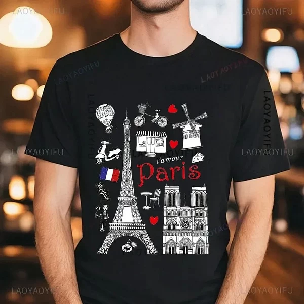 T-Shirt à Manches Courtes et Col Ras du Cou pour Homme et Femme, 100 Coton, Streetwear Décontracté, Imprimé Tour Eiffel, Paris,|9,00 €|OKKO MODE