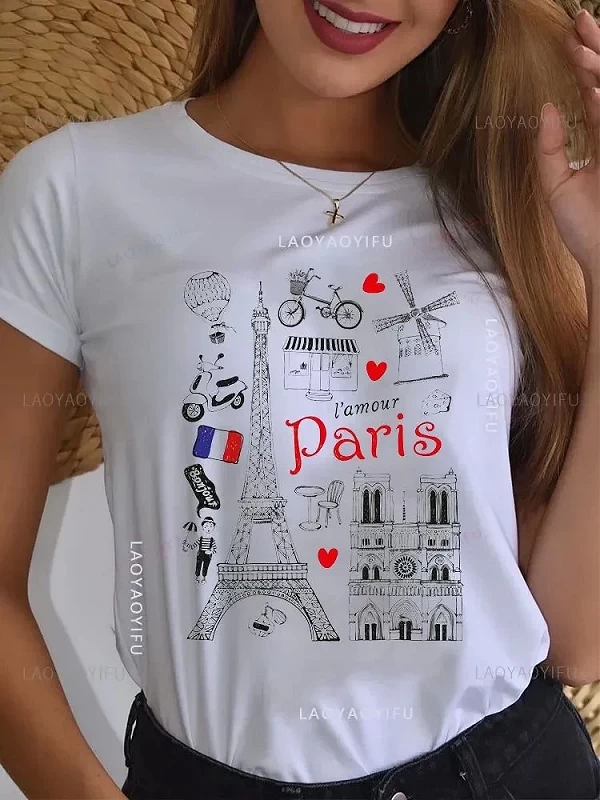 T-Shirt à Manches Courtes et Col Ras du Cou pour Homme et Femme, 100 Coton, Streetwear Décontracté, Imprimé Tour Eiffel, Paris,|9,00 €|OKKO MODE