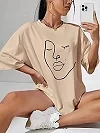 Économie en coton à motif de ligne simple pour femmes, impression de visage, t-shirts décontractés, doux, manches courtes, vêtem|9,00 €|OKKO MODE