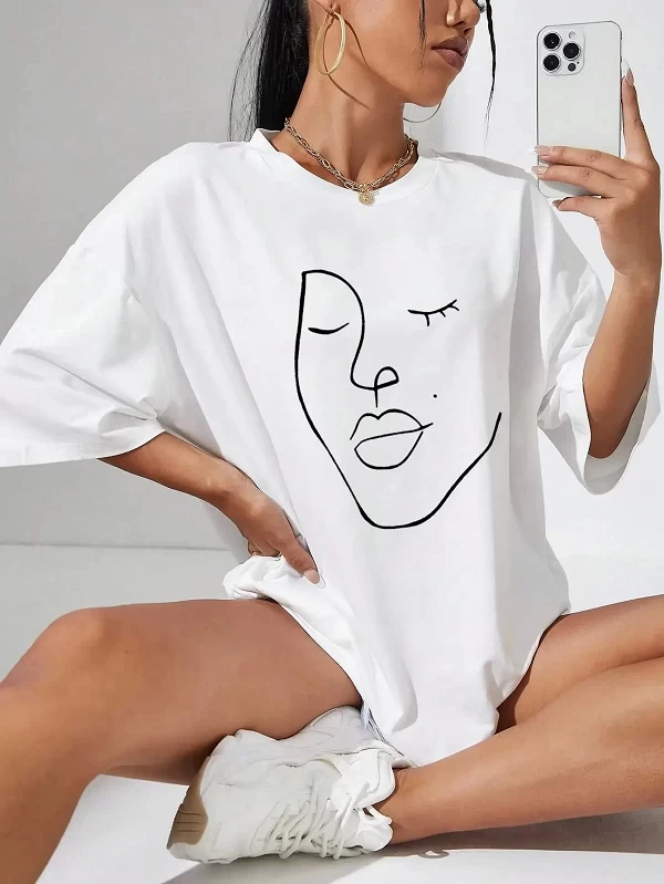 Économie en coton à motif de ligne simple pour femmes, impression de visage, t-shirts décontractés, doux, manches courtes, vêtem|9,00 €|OKKO MODE