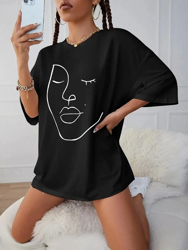 Économie en coton à motif de ligne simple pour femmes, impression de visage, t-shirts décontractés, doux, manches courtes, vêtem|9,00 €|OKKO MODE