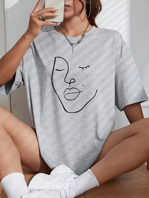 Économie en coton à motif de ligne simple pour femmes, impression de visage, t-shirts décontractés, doux, manches courtes, vêtem|9,00 €|OKKO MODE