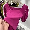 T-shirt manches bouffantes pour femme, haut en coton, col carré français, manches courtes, rose, rouge, mince, mode, été, 100, n|16,00 €|OKKO MODE