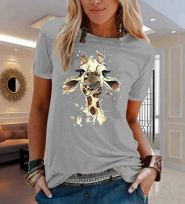 T-shirt à Manches Courtes en Coton pour Femme, Vêtement Esthétique, Imprimé Animal et Fleur, Graphique, 100|8,99 €|OKKO MODE