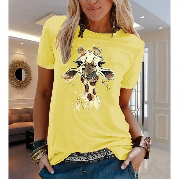 T-shirt à Manches Courtes en Coton pour Femme, Vêtement Esthétique, Imprimé Animal et Fleur, Graphique, 100|8,99 €|OKKO MODE